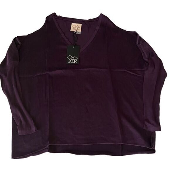Chaser Plum Silk Cold Shoulder Long Sleeve V Neck Top Size M NWT - Picture 7 of 12